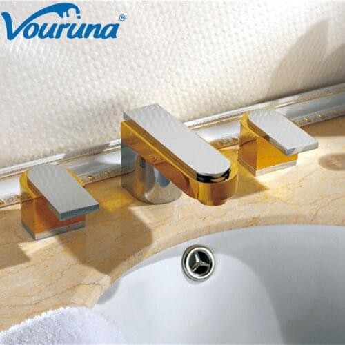 VOURUNA Wholesale Luxurious Patent Design Brass Dual Handles Three Holes Bathroom Faucet Mixer Taps