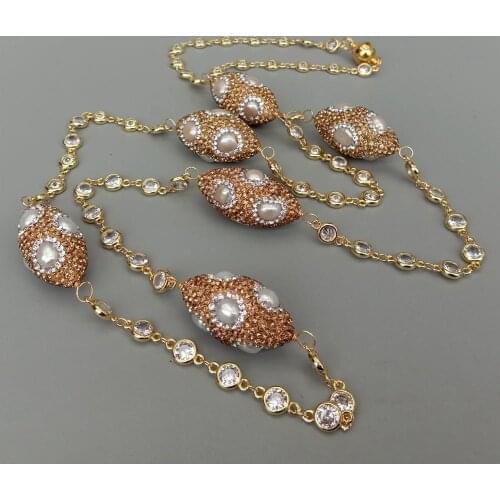 YYGEM Sweater chain For Women Cultured White Pearl Crystal Pave Station Necklace Gold Plated Cz Chain 39"