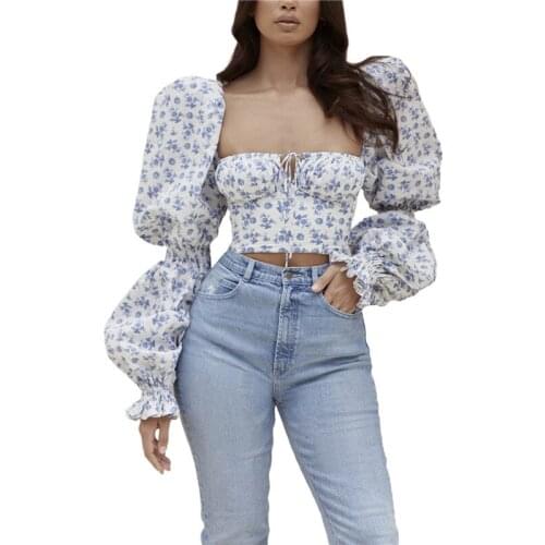 Women Fashion Elegant Blouse Floral Printed Long Sleeve Sexy Low-cut Square Collar Lace-up Slim Casual Shirt for Ladies Dating