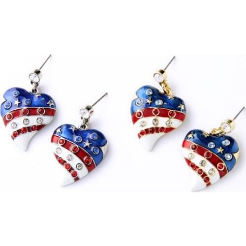 Ladys Simple Heart-Shaped Pendant American Flag Shiny Pave Crystal Enamel Golden Drop Earring Fine Jewelry