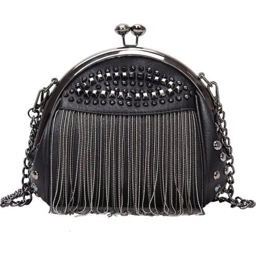 2021 Punk Style Women Bag PU Leather Handbag with Rivet and Tassel Purse Womens Shoulder Bags Small Cross Body Bag Chain