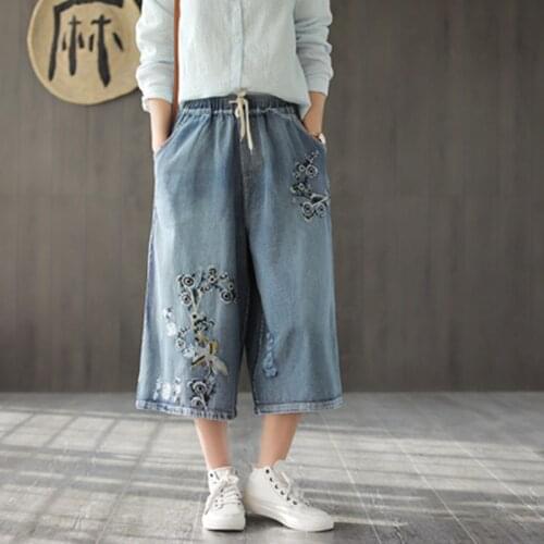 Johnature 2020 Female Casual Embroidery Drawstring Wide Leg Pants Loose Denim Jeans Spring Summer New Cotton Denim Jeans