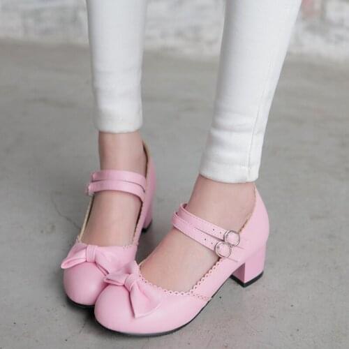 AGODOR Lolita Shoes Women Mary Janes Casual Shoes Two Strap Pumps with Bow Ladies Low Heel Mary Jane Wedding Shoes Size 34-43