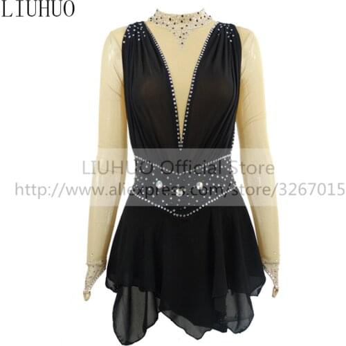 LIUHUO Womens Girls' Performance Rhythmic Gymnastics Competition Leotard Costume Ice Figure Skating Dress Long Sleeve Black
