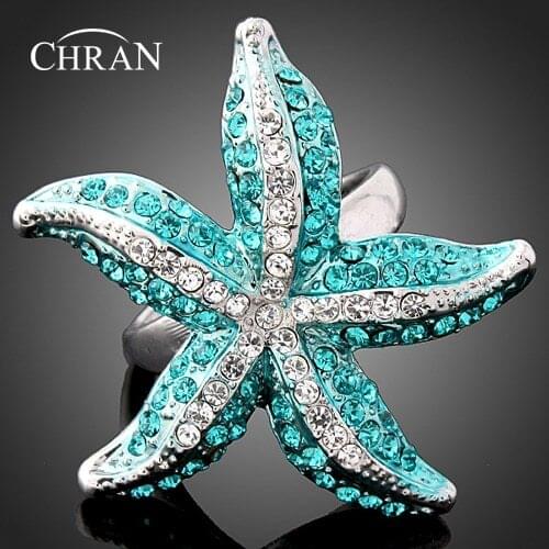 CHRAN Silver Plated Brand Ladies Ring Elegant Starfish Shape Promised Crystal Rings for Women Size 7-10