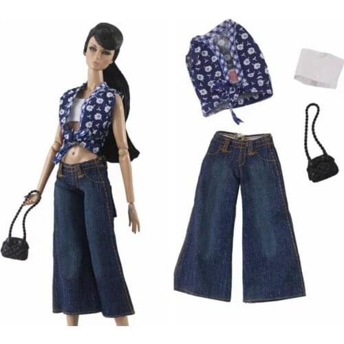 1/6 BJD Clothes for Barbie Doll Clothes Set Blue Floral Sleeveless Shirt Tank Jeans Trousers Handbag 11.5" Dolls Accessories Toy