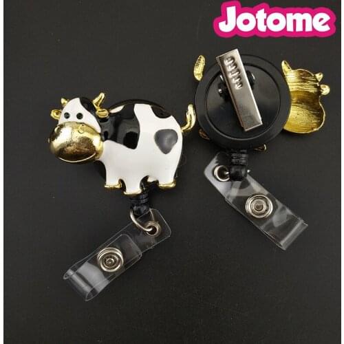 100PCS/Lot Dairy Milk Cow Silver Plated White and Black Enamel Animal Brooch Nurse Retractable ID Badge Reel/ ID Badge Holder