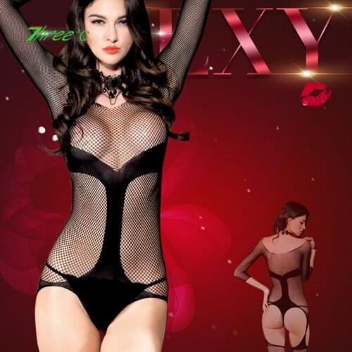 2020 New Sexy lingerie Perspective Temptation Hollow Stockings Mesh One-piece Fishnet Bodysuit Large Size Female Erotic Suit