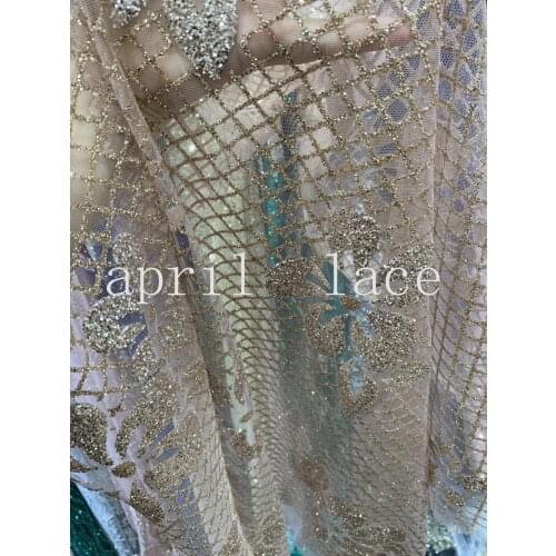 5yards JR006 nude gold 61# grid flower sparkle glitter glued print african tulle fabric for saw bridal wedding dress/ball gown