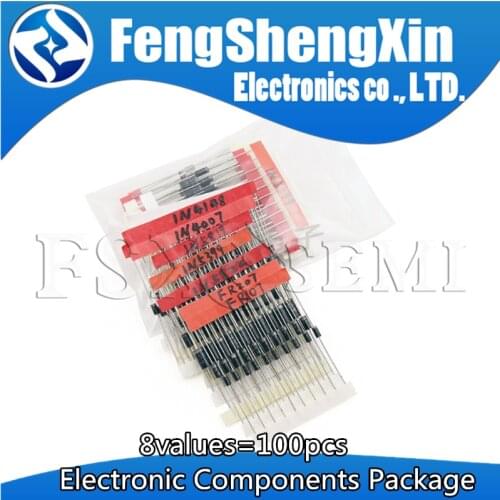 8values=100pcs Electronic Components Package Diode Assorted Kit 1N4148 1N4007 1N5819 1N5399 1N5408 1N5822 FR107 FR207 New