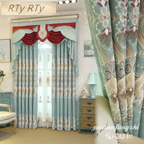 American luxury custom high quality embroidery Blackout curtains for Bedroom windows green tulle curtains for Living Room