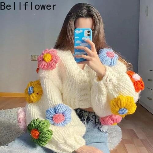 Floral White Cropped Sweater Winter Cute Girl Vintage Knit Kawaii Puff Sleeve Short Hollow Out Crop Top Sweaters Fall 2021 Women