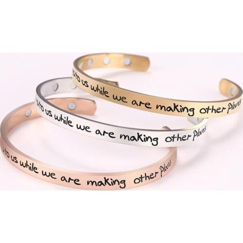 Fashion Stainless Steel C Shape Engraved Letter Life is What Happens While Making Other Plans Magnetic Cuff Bangle for Women
