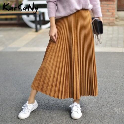 KarSaNy Pleated Suede Skirt Long For Women Vintage High Waist Office Skirts Long Black Skirt Pleated Maxi 2020 Spring Skirts
