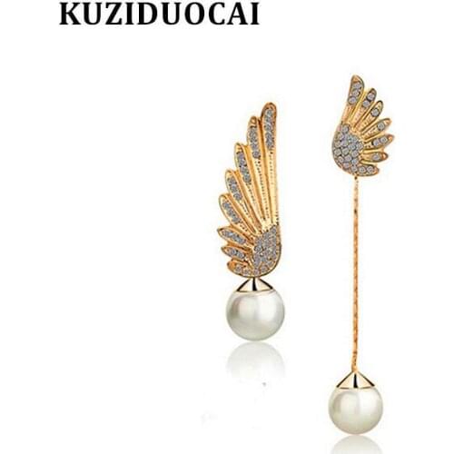 Kuziduocai New ! Fashion Fine Jewelry Full Rhinestone Angel Wings Asymmetry Long Tassel Pearl Stud Earrings For Women Gift E-368