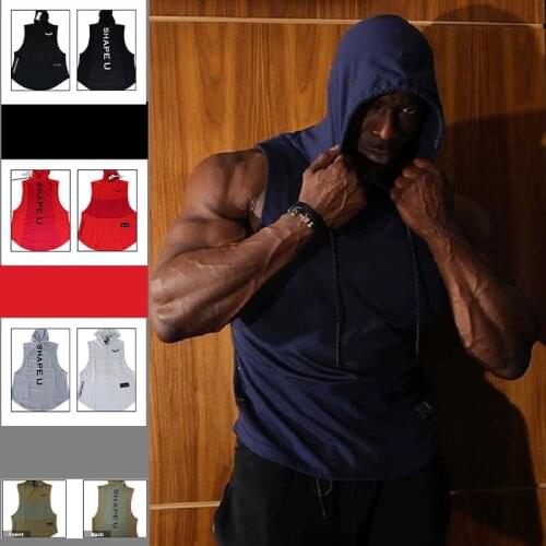 Mens Tank Top Brand Fitness Muscle Sleeveless Hooded Bodybuilding Tight-Drying Singlets Gym Running Sweat Vest Sport T-Shirt