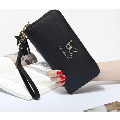 Fashion Butterfly Women Wallet Wrist Handle Phone Case Long Section Money Pocket Pouch Handbag Womens Purse Card Holders 2021