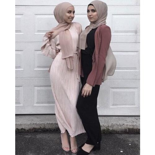 Islamic Clothing Muslim Hijab Dress Women Flare Sleeve Draped Pleated Dresses Lace-up Slim Islam Kaftan Dubai Arab Party Dress