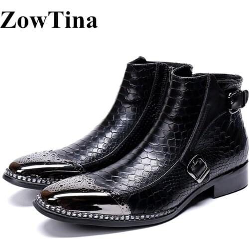 Men Round Toe Winter Ankle Boots Black Leather Short Military Boots Handmade Double Buckle Botas Masculino Big Size 46 Booties