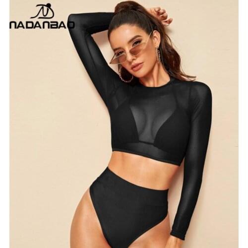NADANBAO New High Waist 3-Pieces Swimsuit Bikini Solid Color Sexy Backless Swimwear Long-Sleeve Beach Bathing Suit Bikini Set