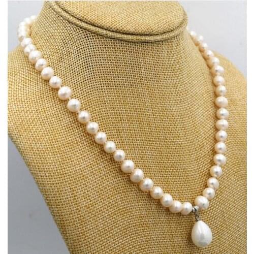 New 7-8mm White Cultured Pearl & Shell Pearl Pendant Necklace 18" AA