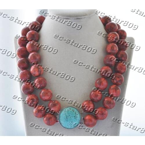 Z11285 2Row 19" 18mm Round Red Coral Bead Necklace Turquoise Clasp Women Fashion Jewelry