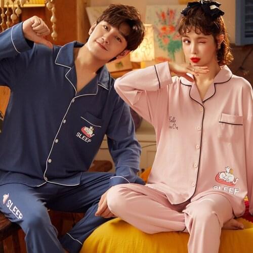 Couple Cotton Pajamas Loungewear Plus Size Pyjamas Set Long Sleeve Sleepwear Cute Cartoon Women Pijama Sexy Cardigan Pajamas