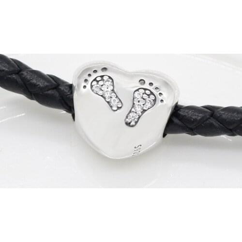 925 Sterling Silver Baby Footprints Heart Charm with Clear CZ Fit Original Pandora Silver 925 Beads Bracelets Jewelry Making