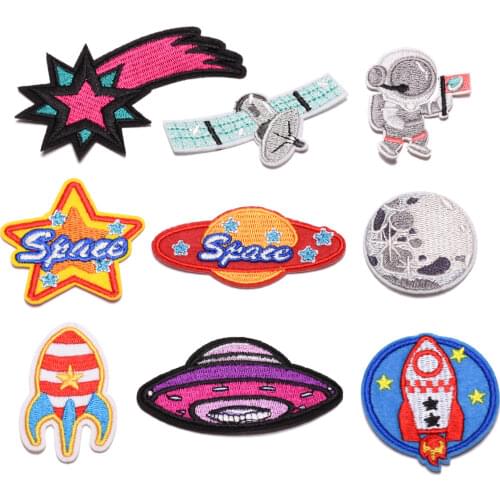 Iron on Space Patches for Clothing Stripes Cute Star Rocket Badges Sticker on Clothes Embroidered Patches for Kids DIY Applique