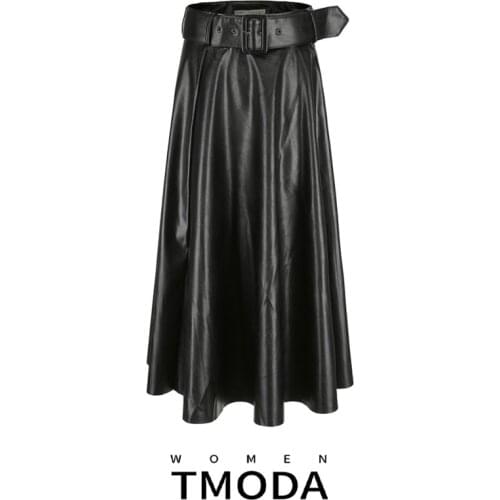 2020 New Fashion Women Autumn Winter PU Faux Leather Skirts Lady High Waist A-Line Midi Mid-Calf Maxi Long Black Wine Red Belt