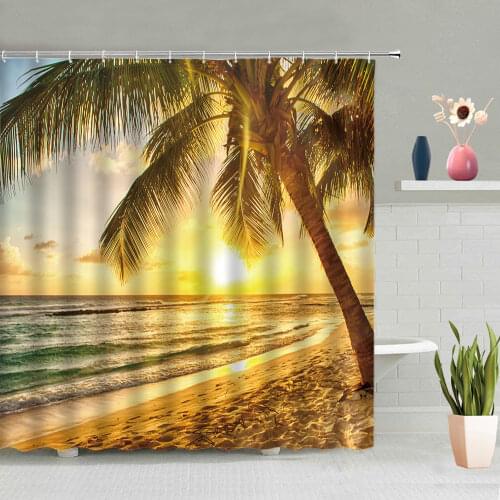 Ocean Beach Shower Curtains Palm Tree Plant Boat Summer Landscape Bathroom Decoration Bath Curtain Washable Home Decor With Hook