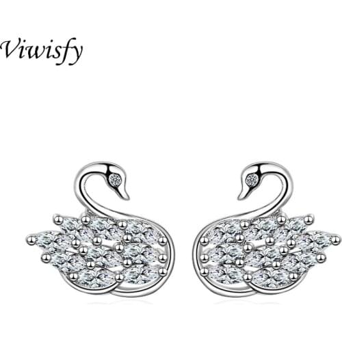 Viwisfy Cute Swan Real 925 Sterling Silver Earrings For Women Luxury Crystal Earring Studs VW21092