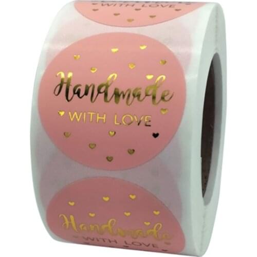 100-500pcs 1.5inch Handmade with Love Gift Label Stickers Pink with Gold Foil Sticker For Wedding Party Shopping Small Shop Seal