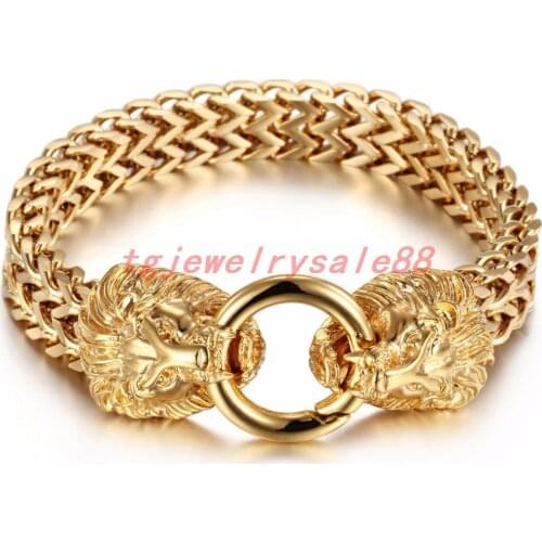 12mm Wide High Quality Gold Color Lion Head Clasp Bracelet Cool Mens Cuff Jewelry Fashion Stainless Steel Figaro Rolo Chain 83g