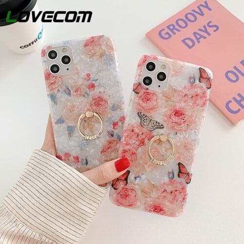LOVECOM Pink Flower Butterfly Phone Case With Finger Ring For iPhone 12 Mini 12 11 Pro Max XR X XS Max 7 8 Plus Soft Back Cover