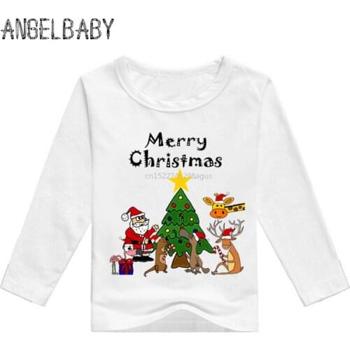 Kids Cartoon Santa and Friends Merry Christmas Pattern T shirt Baby Girls Long Sleeve T-shirt Boys Funny Deer Clothes,LKP5027