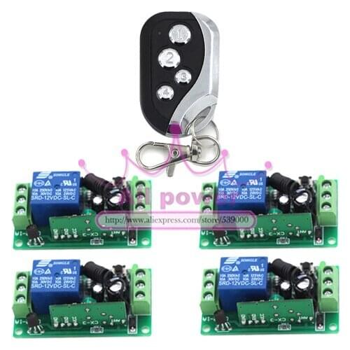 Hot Sale DC12V 1CH wireless switch RF Wireless remote control switch system 1 transmitter +4 receiver Free Shipping
