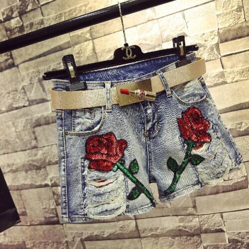 KL1200 New summer fashion sequins cartoon embroidery women denim short mujer female mid waist short jeans