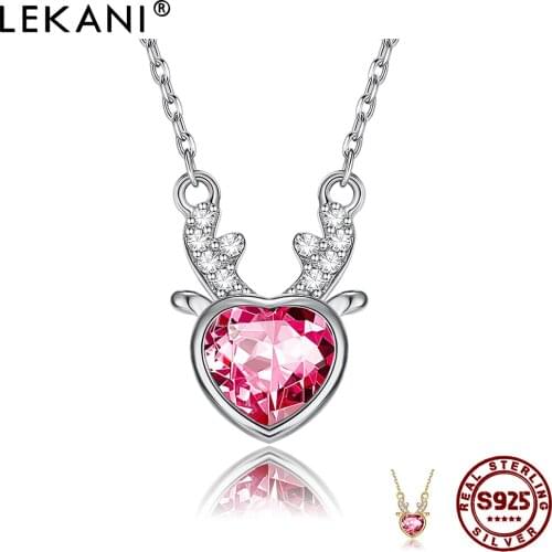 LEKANI S925 Sterling Silver Necklace For Women Cubic Zirconia Red Heart Fawn Necklace Delicate Fashion Necklace Party Gifts 2021