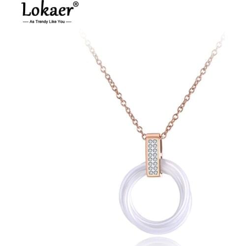 Lokaer Titanium Stainless Steel Black/White Ceramic Crystal Pendant Necklaces Jewelry Choker Wedding Necklace For Women N19087