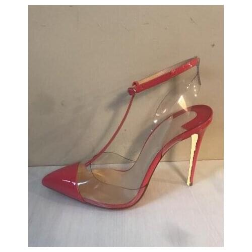 Moraima Snc Red Patent leather T-strap High Heel Shoes Sexy Transparent PVC Patchwork Ankle Strap Thin Heels Pumps Dress Shoe