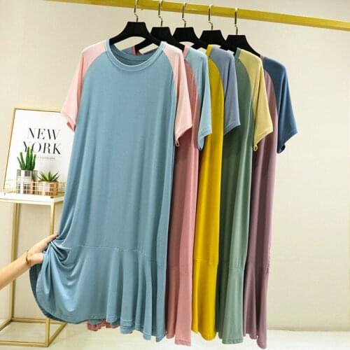 Fdfklak New Large Size Loose Matching Color Fishtail Dress Modal Bottoming Nightdress Women Nightgowns Casual Female Night Shirt
