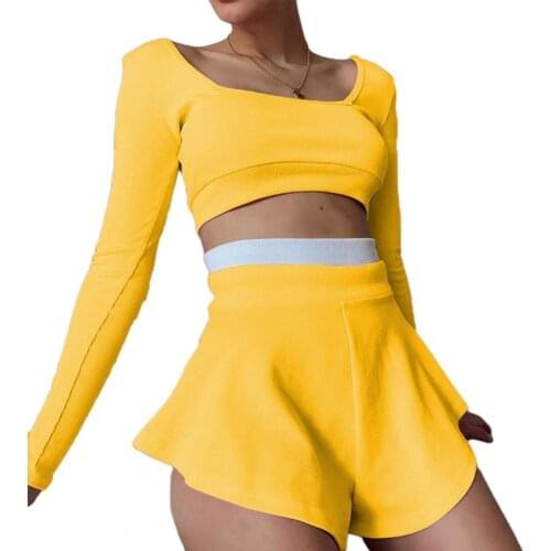 New Women Yoga Outfit Color Block Slim Casual Leisure Sports Long Sleeve Top High Waist Dress Culottes Shorts for Fitness Set