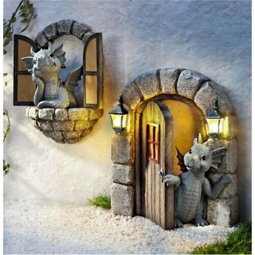 Open Doors Small Dragon Statue Luminous Sand Lantern Solar Garden Decoration Resin Crafts Animal Sculpture Garden Decoration
