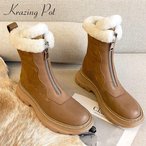 Krazing Pot real cow leather sewing flats platform snow boots round toe thick med heel zipper keep warm fashion ankle boots L35