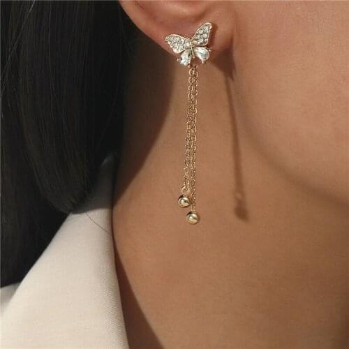 Charming Shiny Rhinestone Butterfly Earrings Long Chain Earrings Gold Dangle Elegant Trendy New Jewelry Womens