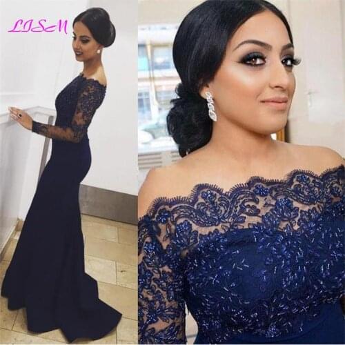 Long Sleeves Mermaid Formal Evening Dresses Off the Shoulder Lace Appliques Beaded Prom Dress Navy Blue Evening Party Gowns