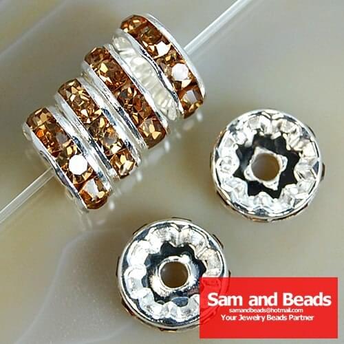 Top quality ! Crystal Rhinestone Rondelle Spacer Beads Silver Free Shipping 100Pcs Wholesale Brown