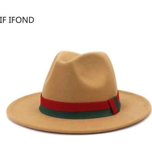 Red Green Ribbon Felt Fedora Hat For Women Classic Dress Formal Church Winter Hat Wide Brim Wool Panama Jazz Cap