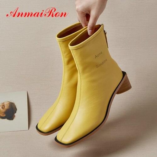 ANAMIRON 2020 Chelsea Boots Square Toe Zip Boots Women Genuine Leather Square Heel Winter Short Plush Ankle Boots Size 34-42
